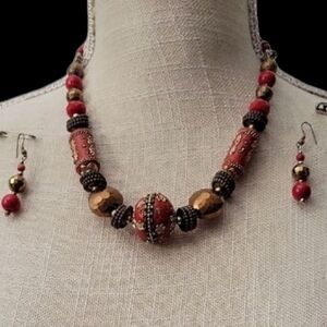 Elegant Red and Gold Beaded Necklace And Earing Set
